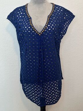 Lilly Pulitzer Blue Eyelet Tunic Top XL Beaded Neck Cotton Cover Up